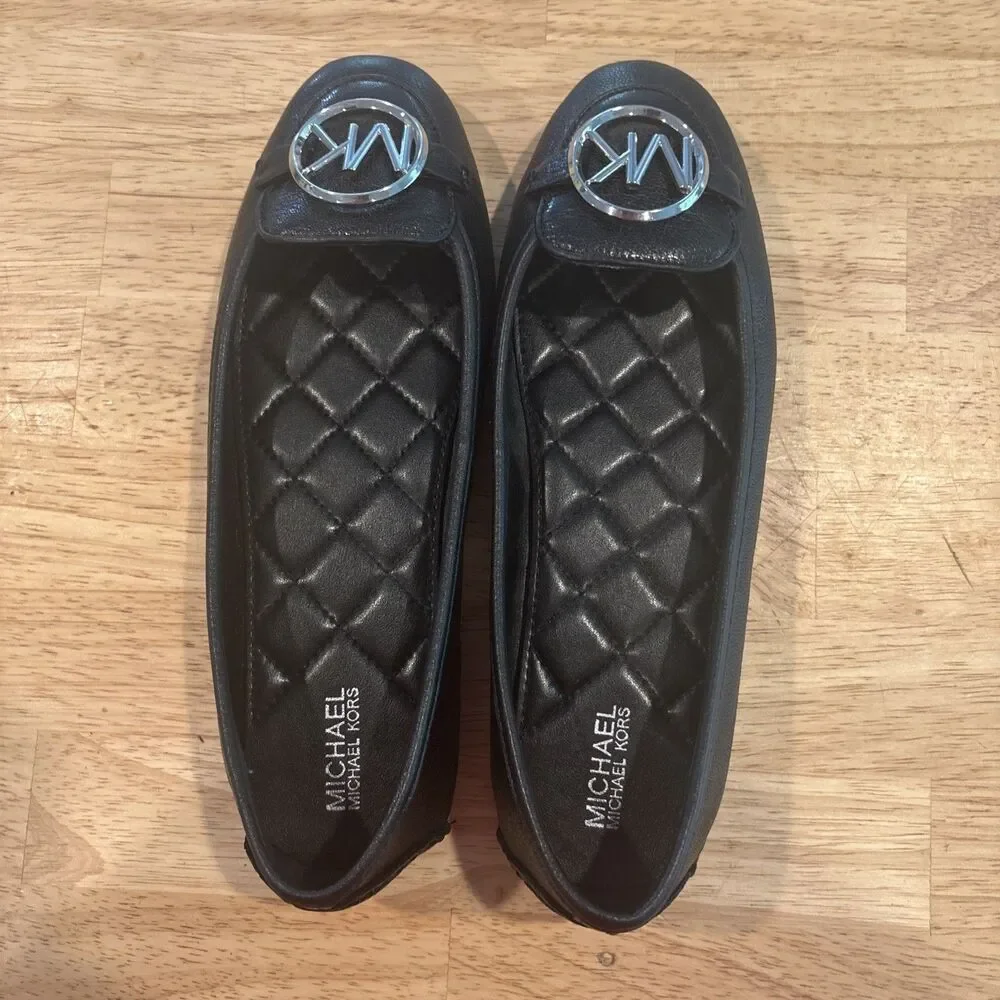 Michael Kors Ballet Flats Driving Shoes MK Silver Tone Logo Charm Black Size 6M